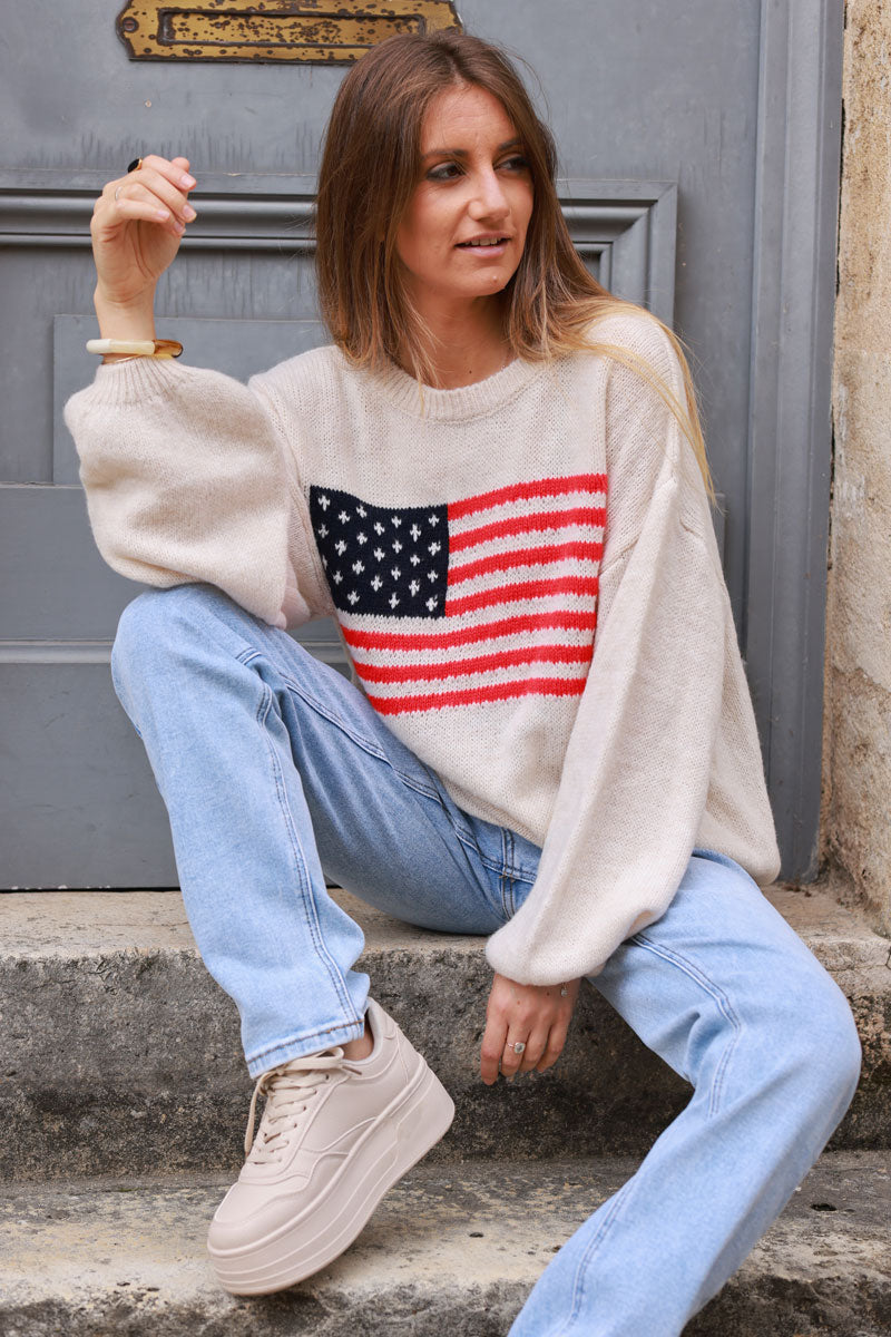 Pull en maille beige drapeau US américain col rond