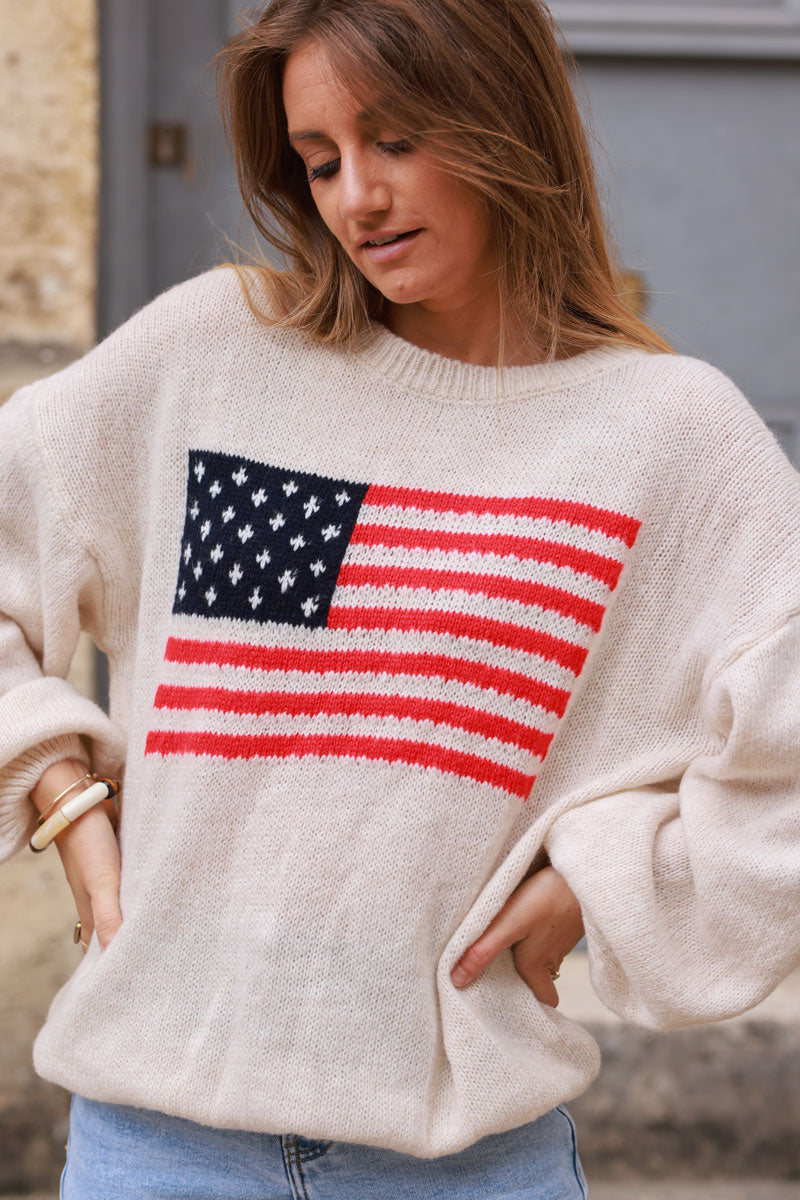 Pull en maille beige drapeau US américain col rond