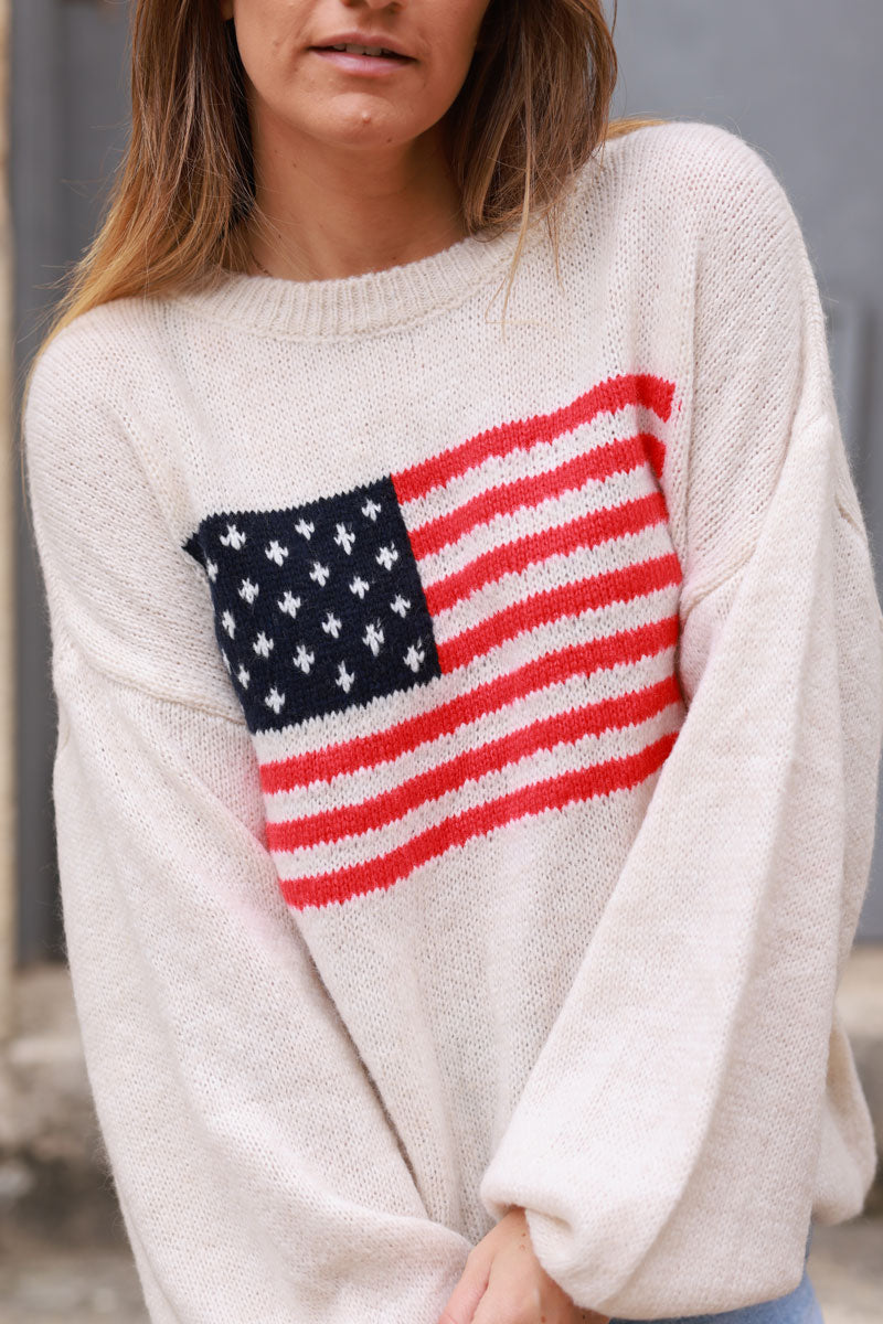 Pull en maille beige drapeau US américain col rond