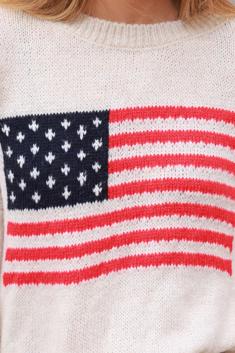 Beige American Flag Intarsia Knit Sweater