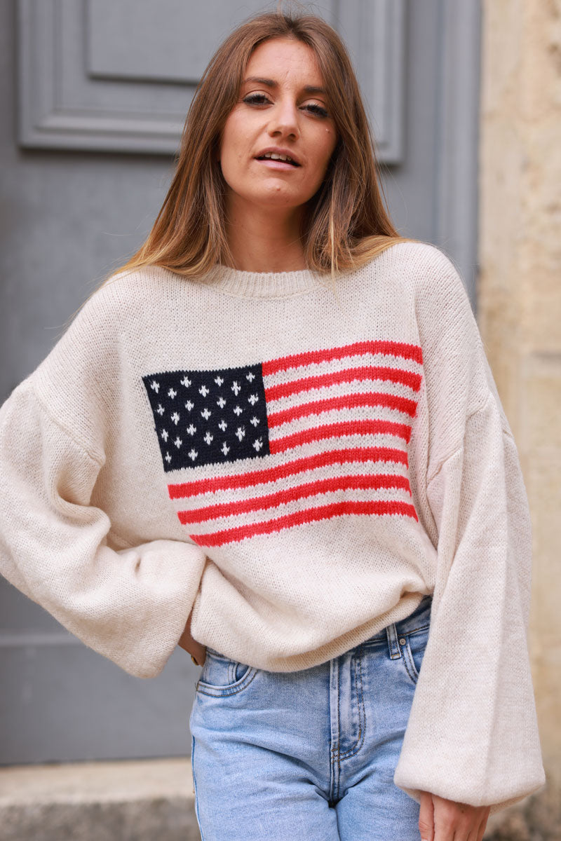 Pull en maille beige drapeau US américain col rond