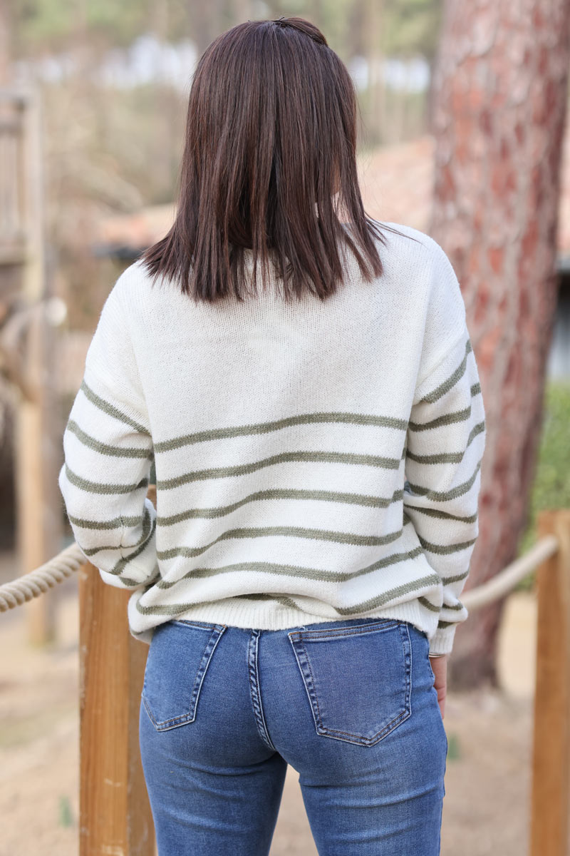 Off white and khaki striped sweater with amour in boucle