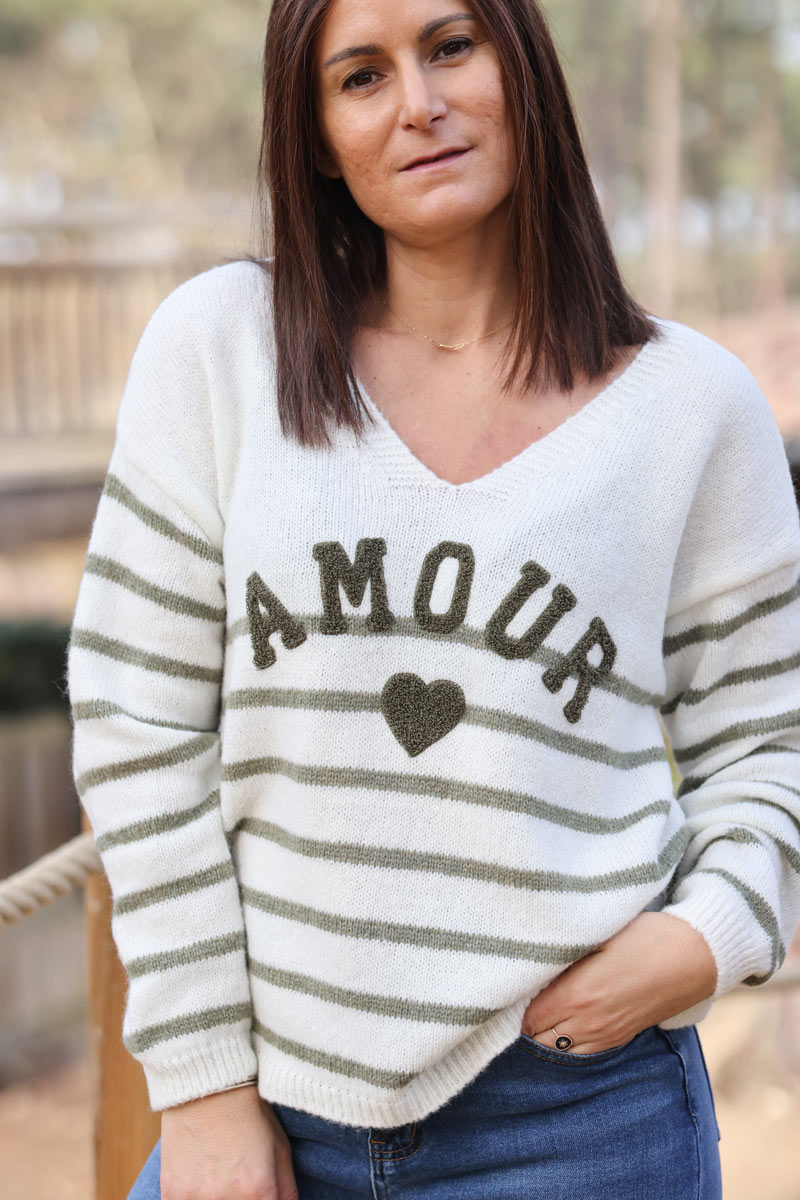 Off white and khaki striped sweater with amour in boucle