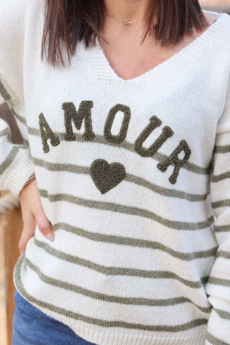 Off white and khaki striped sweater with amour in boucle