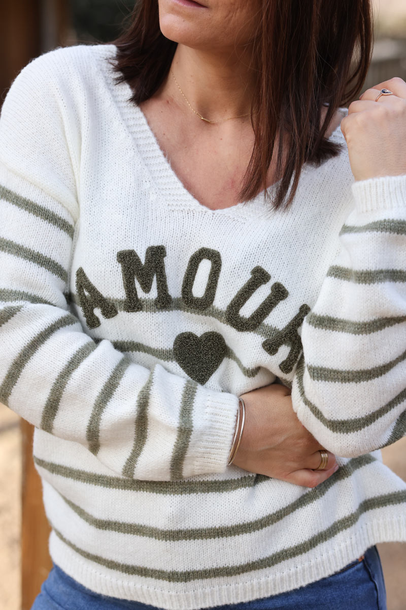 Off white and khaki striped sweater with amour in boucle