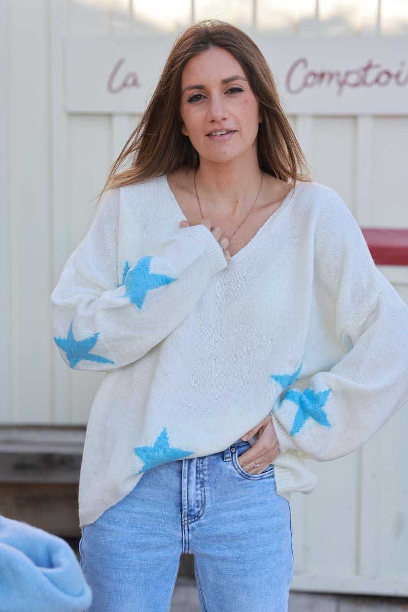 Cream and Sky blue Star V-Neck Jumper