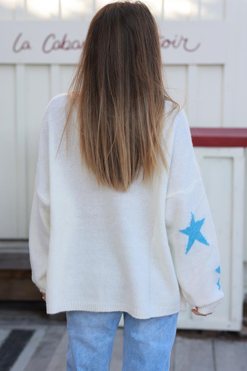 Cream and Sky blue Star V-Neck Jumper