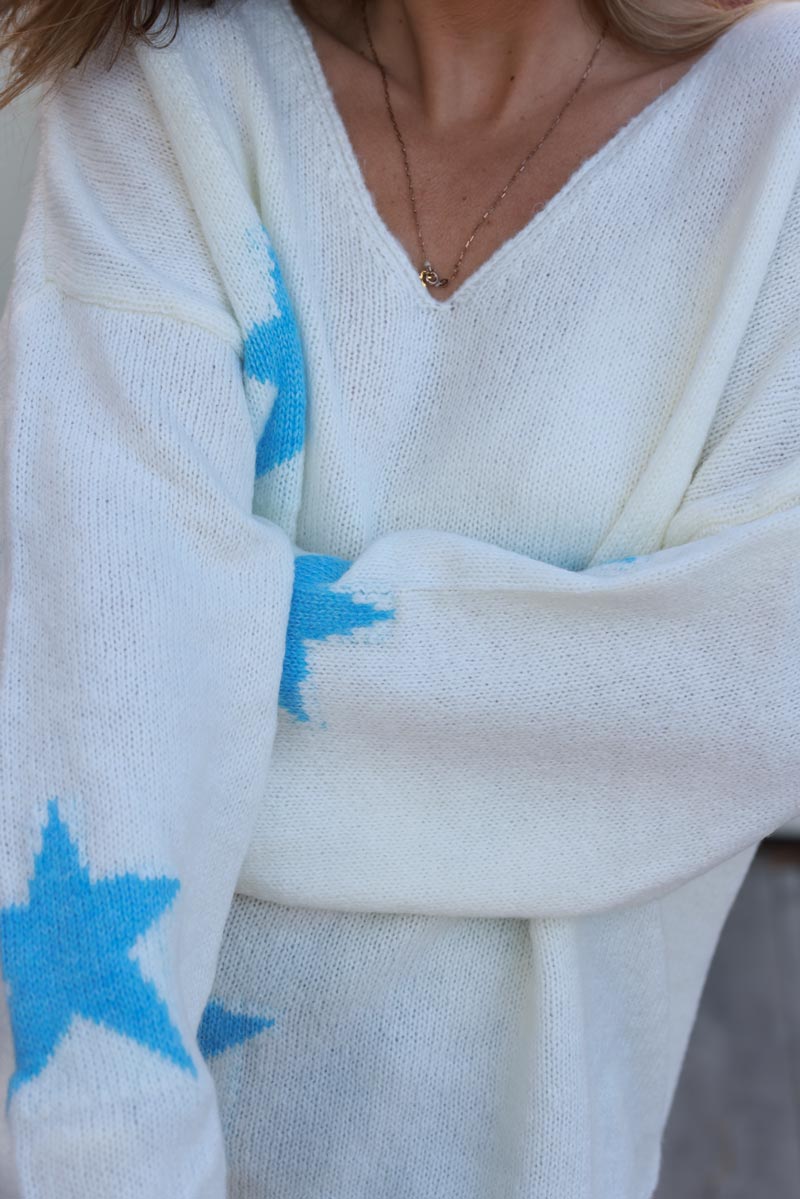 Cream and Sky blue Star V-Neck Sweater