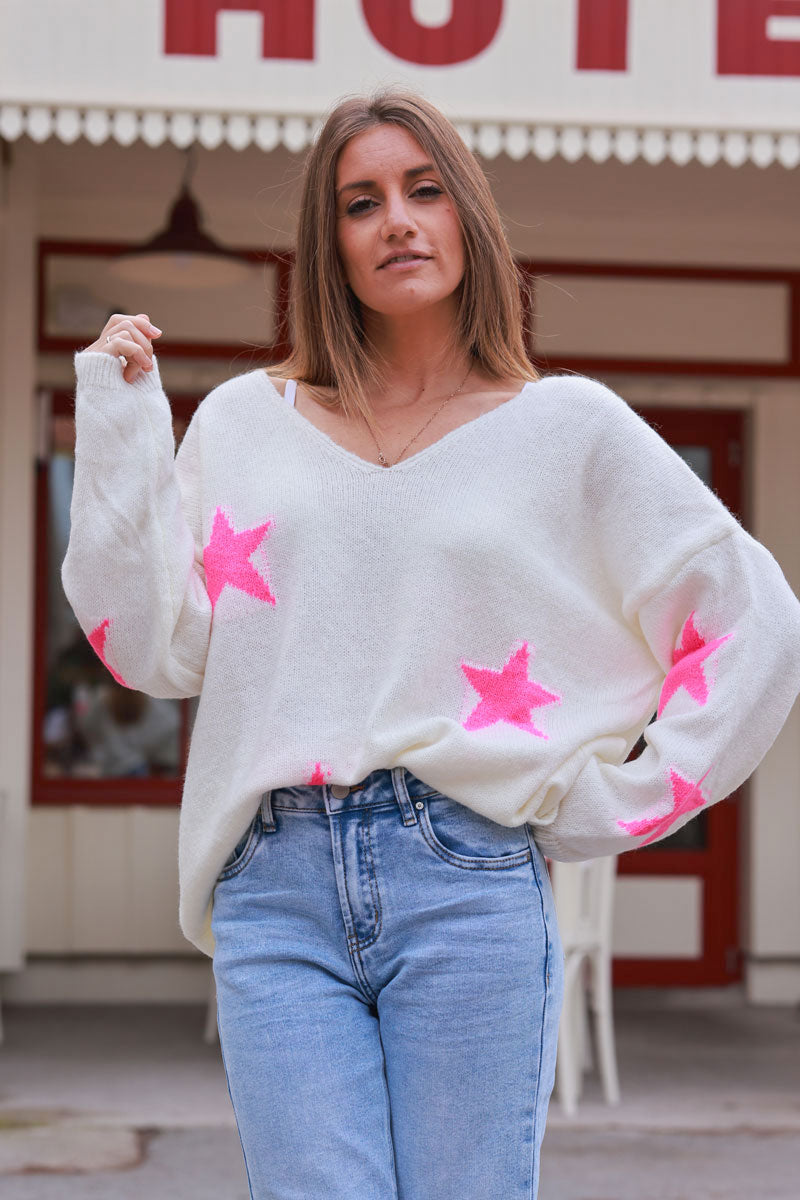 Cream and Pink Star V-Neck Sweater