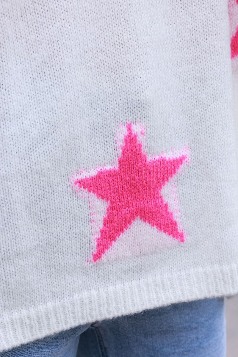 Cream and Pink Star V-Neck Sweater