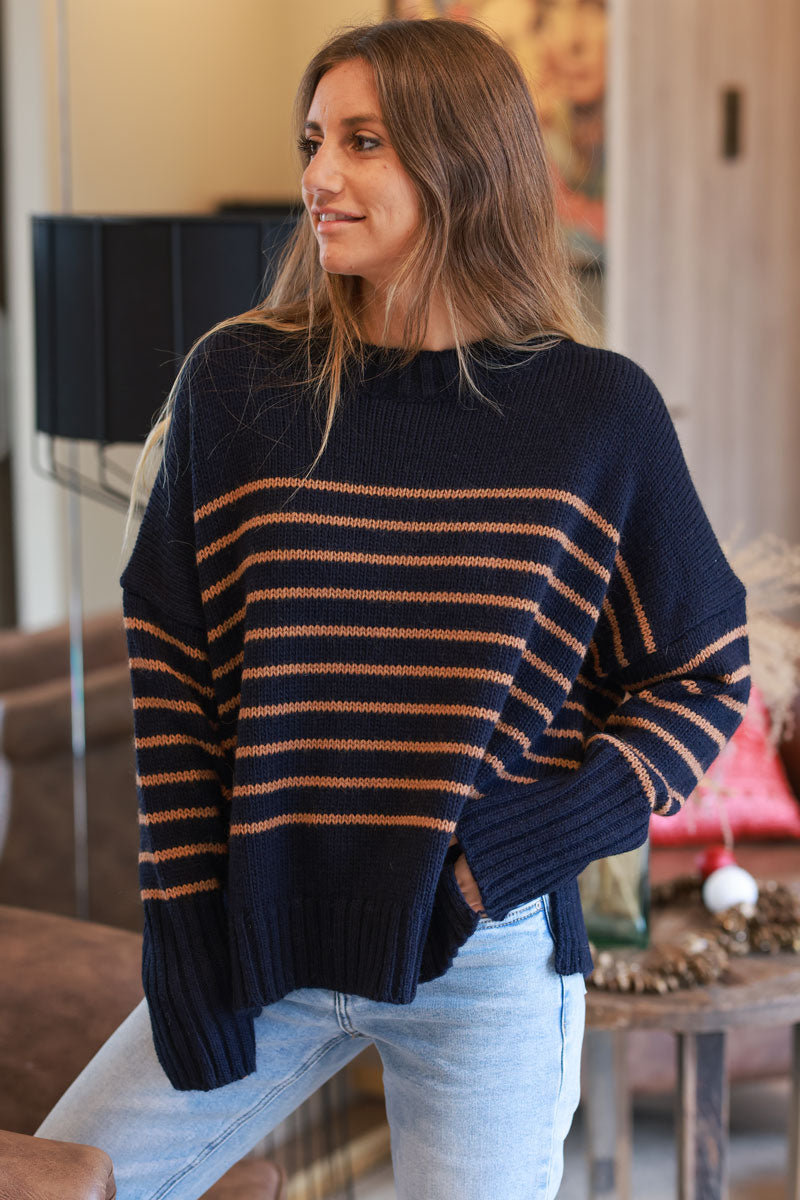 Navy blue Stripe Wool Blend Sweater
