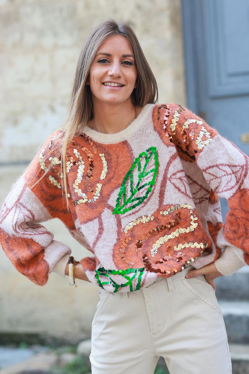 Beige and terracotta wool blend sweater with flower pattern and sequin