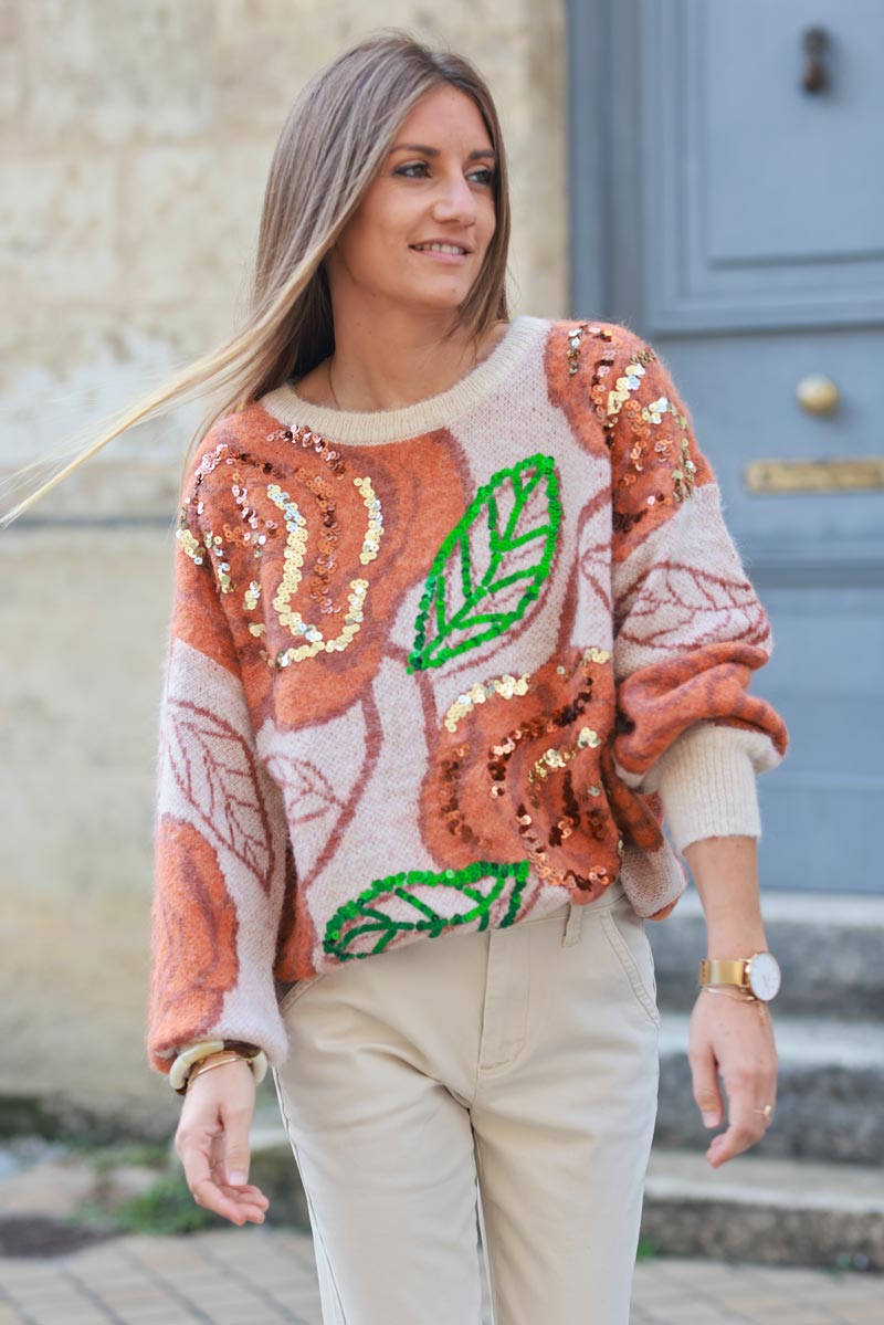 Beige and terracotta wool blend sweater with flower pattern and sequin