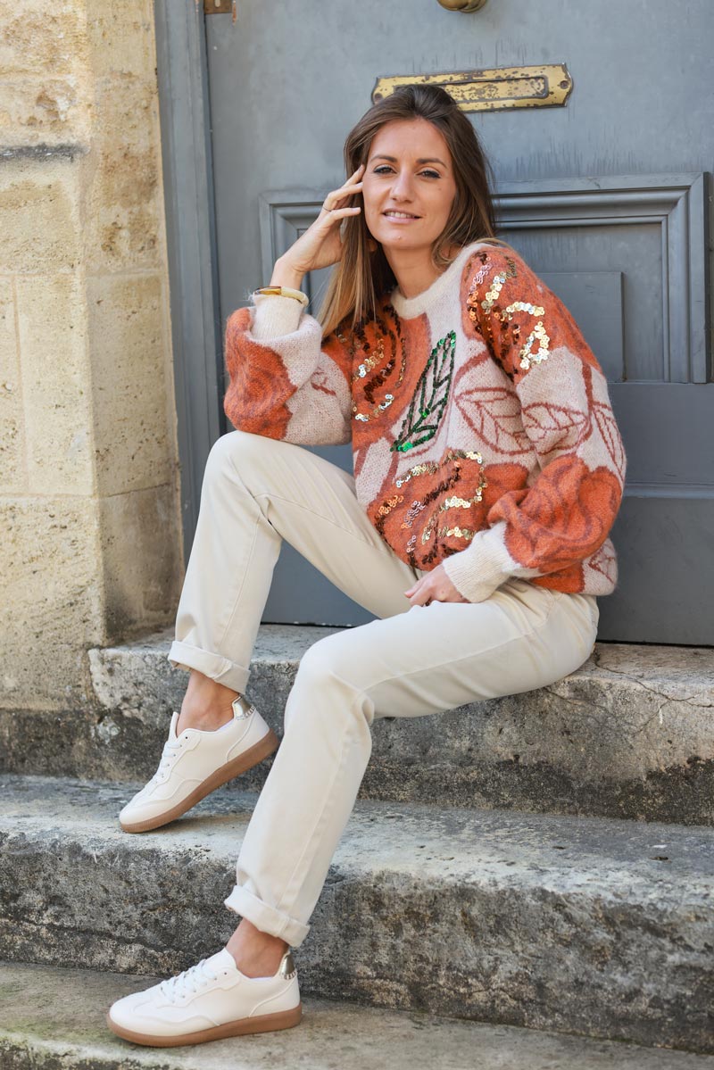 Beige and terracotta wool blend sweater with flower pattern and sequin