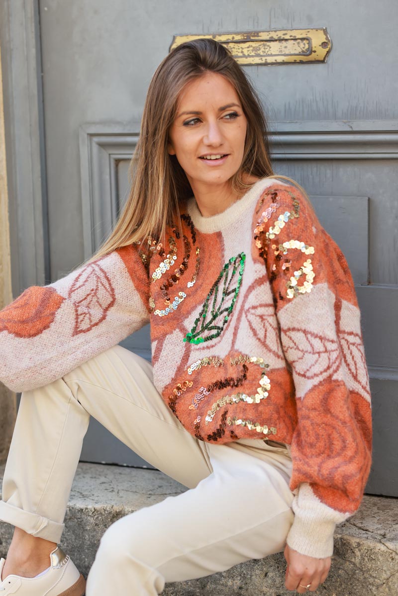 Beige and terracotta wool blend sweater with flower pattern and sequin