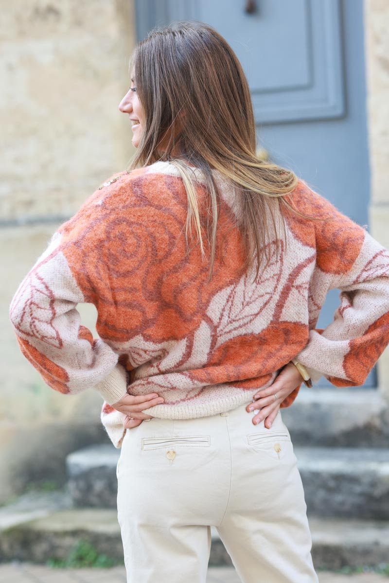 Beige and terracotta wool blend sweater with flower pattern and sequin