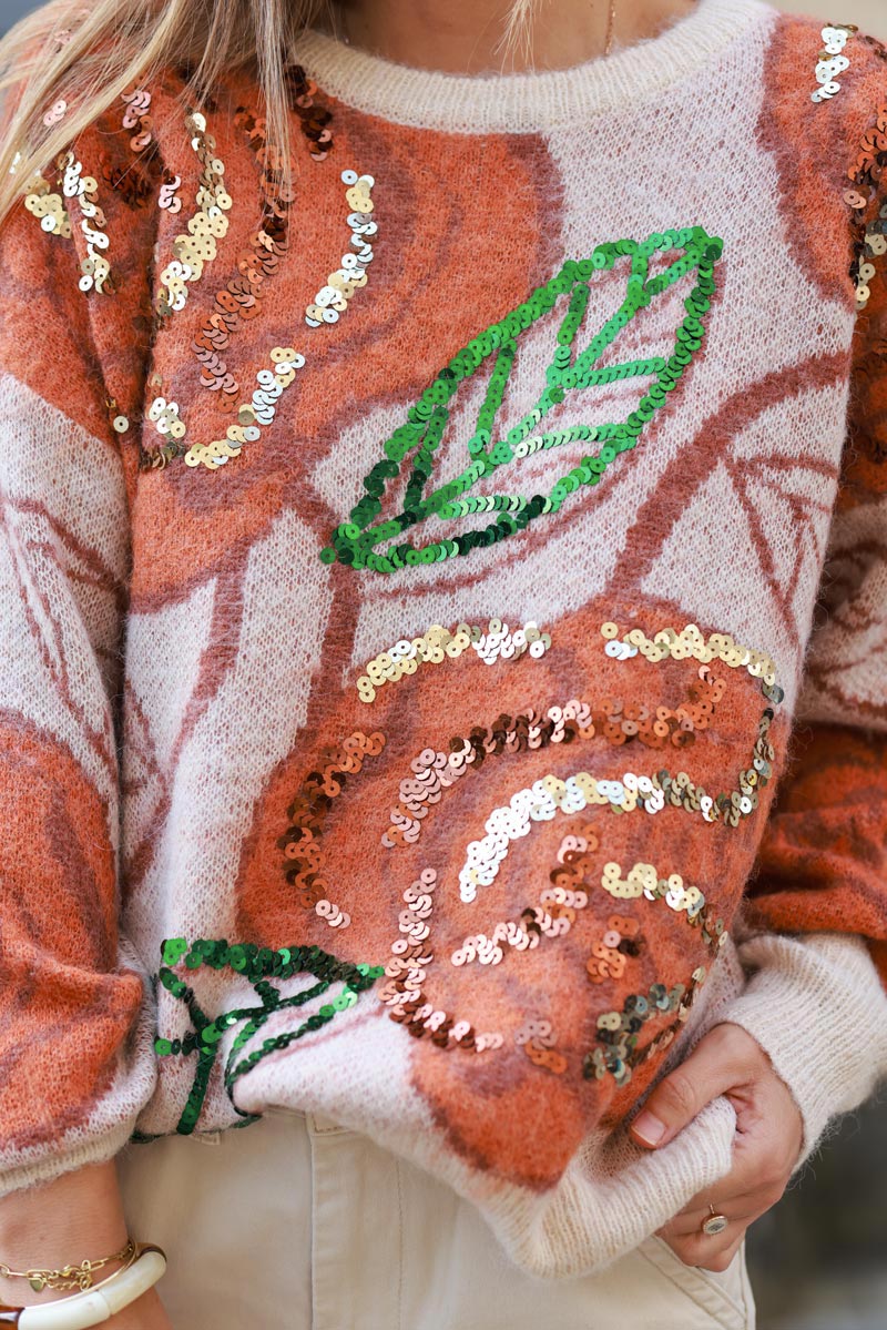 Beige and terracotta wool blend sweater with flower pattern and sequin