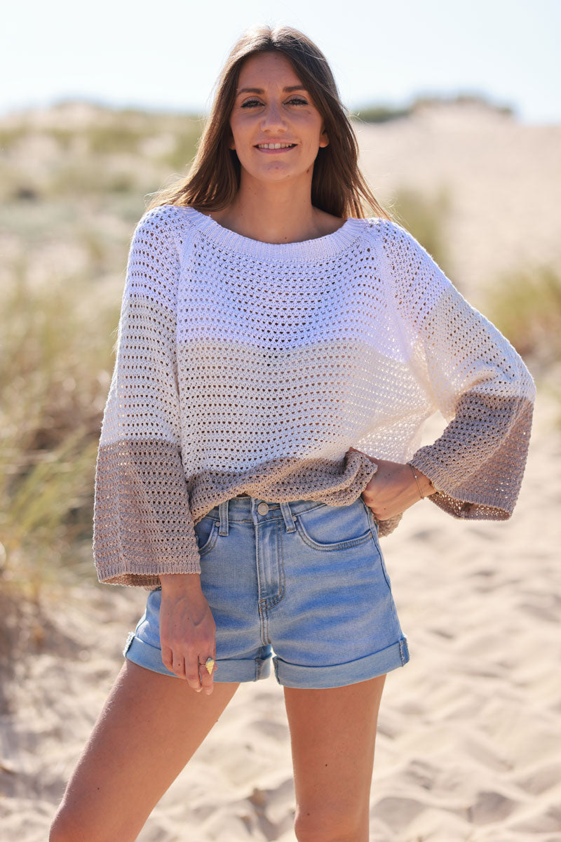 Pull en maille coton ajourée trio rayures blanche écrue et beige