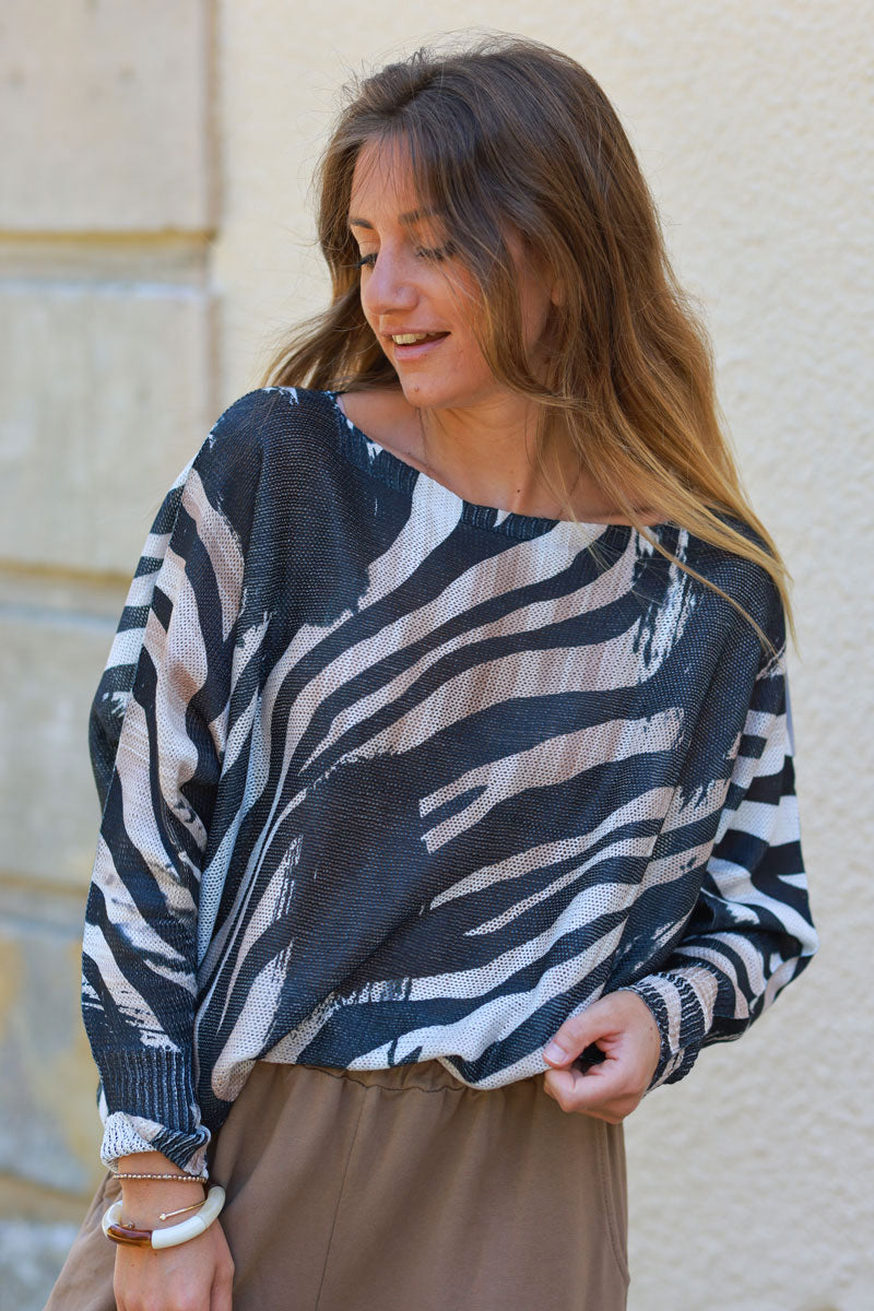 Zebra print cotton knit sweater