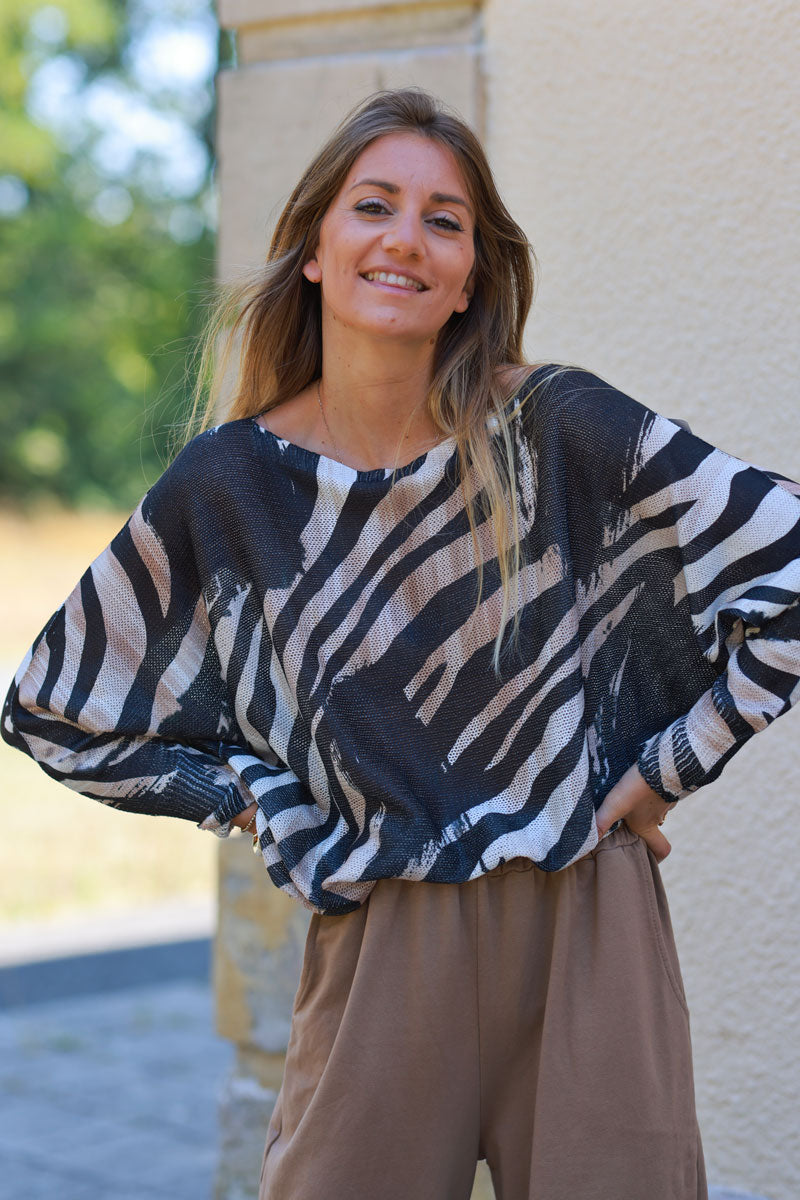 Zebra print cotton knit sweater