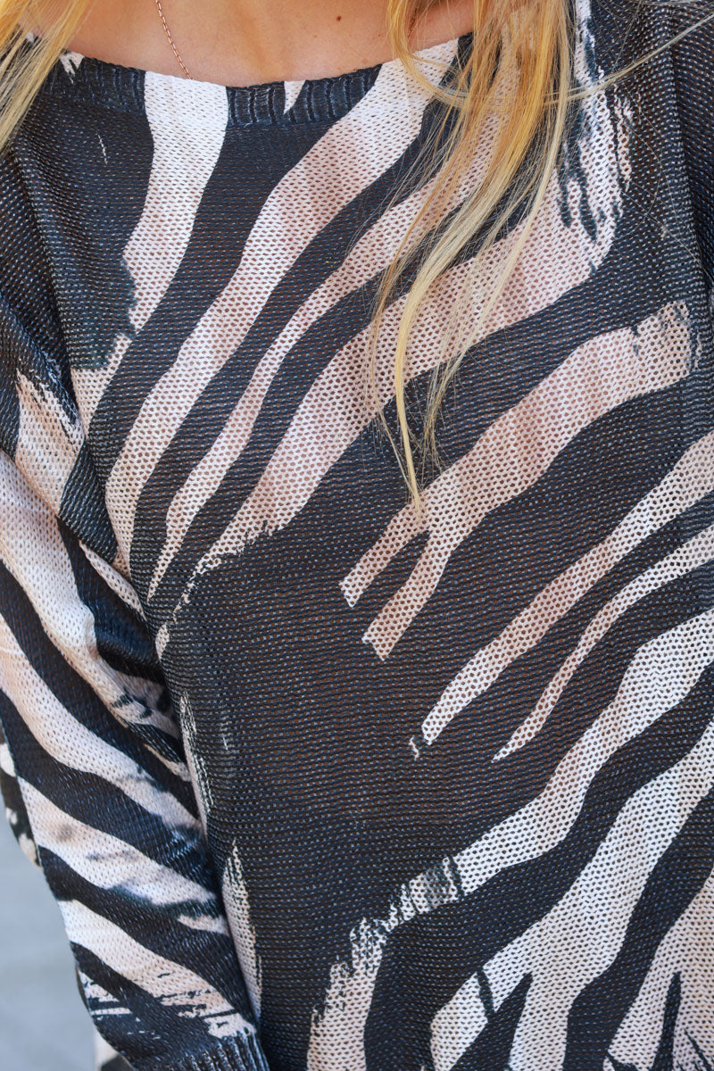 Zebra print cotton knit sweater