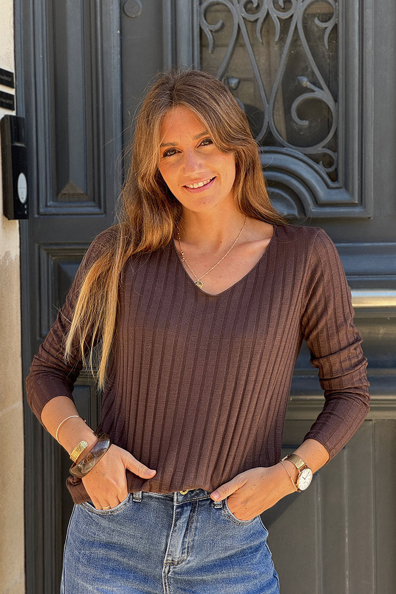 Chocolate long sleeved ribbed soft top