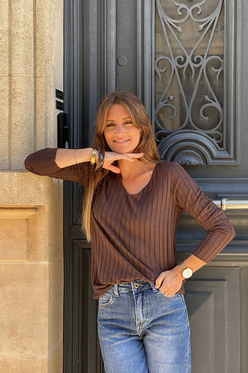 Chocolate long sleeved ribbed soft top