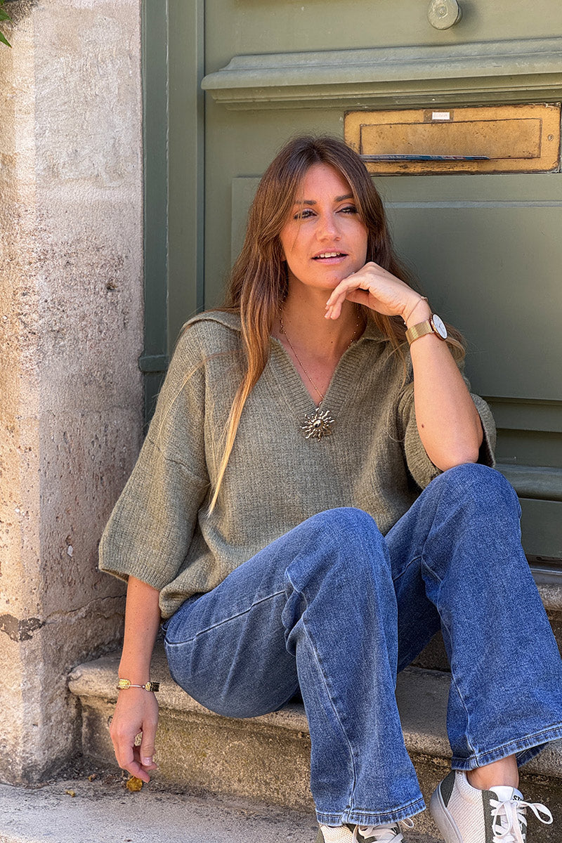 Olive Wool Blend Sweater Poncho with Golden Sun Pin