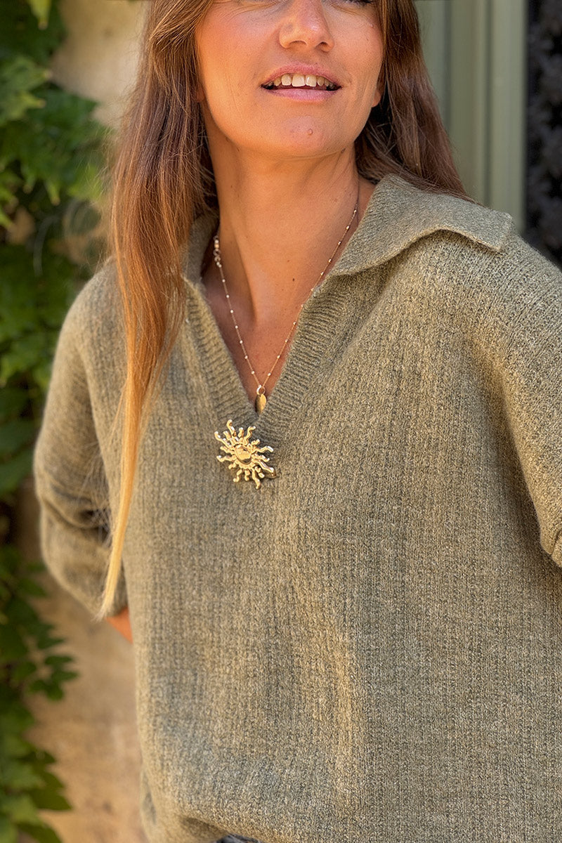 Olive Wool Blend Sweater Poncho with Golden Sun Pin