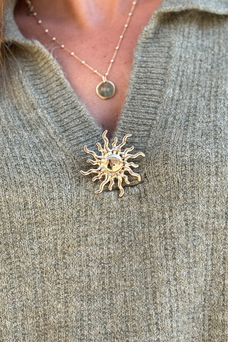 Olive Wool Blend Sweater Poncho with Golden Sun Pin