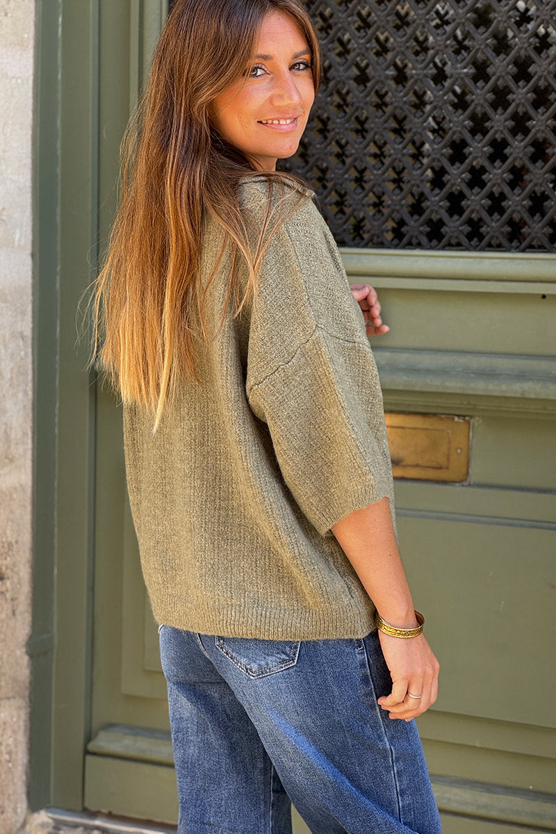 Olive Wool Blend Sweater Poncho with Golden Sun Pin