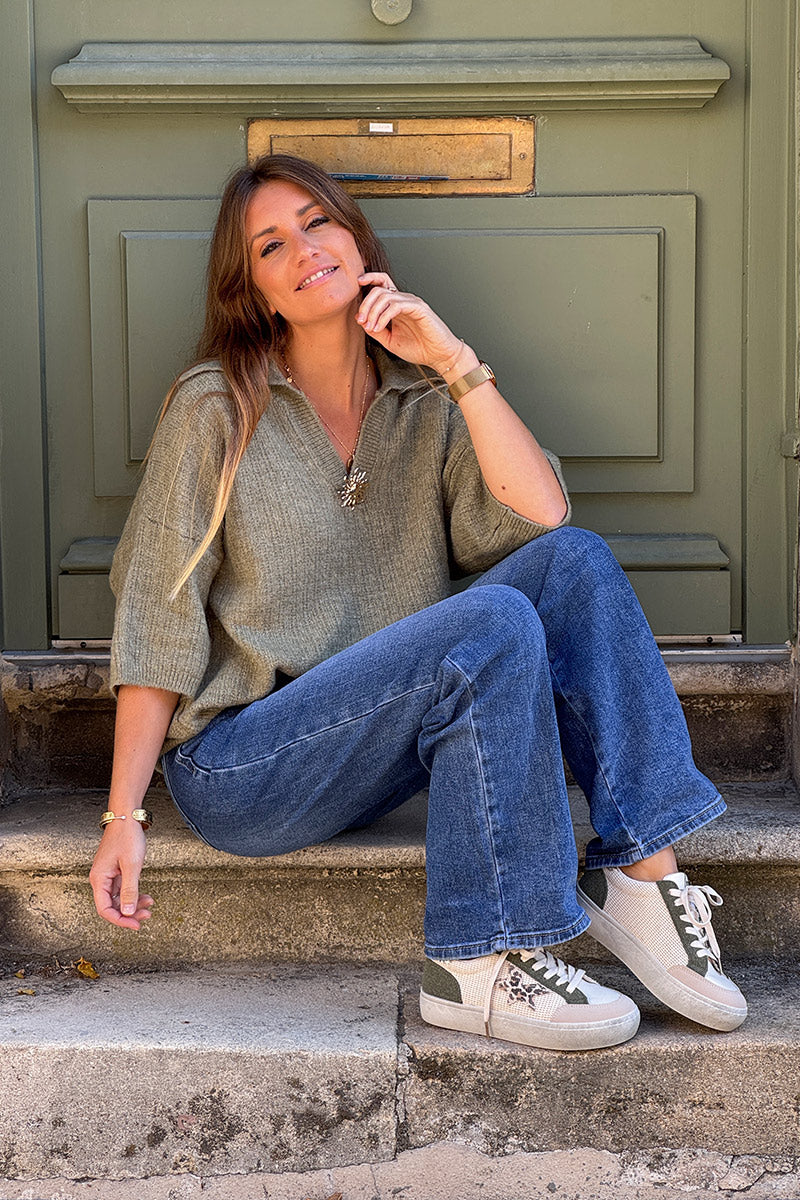 Olive Wool Blend Sweater Poncho with Golden Sun Pin