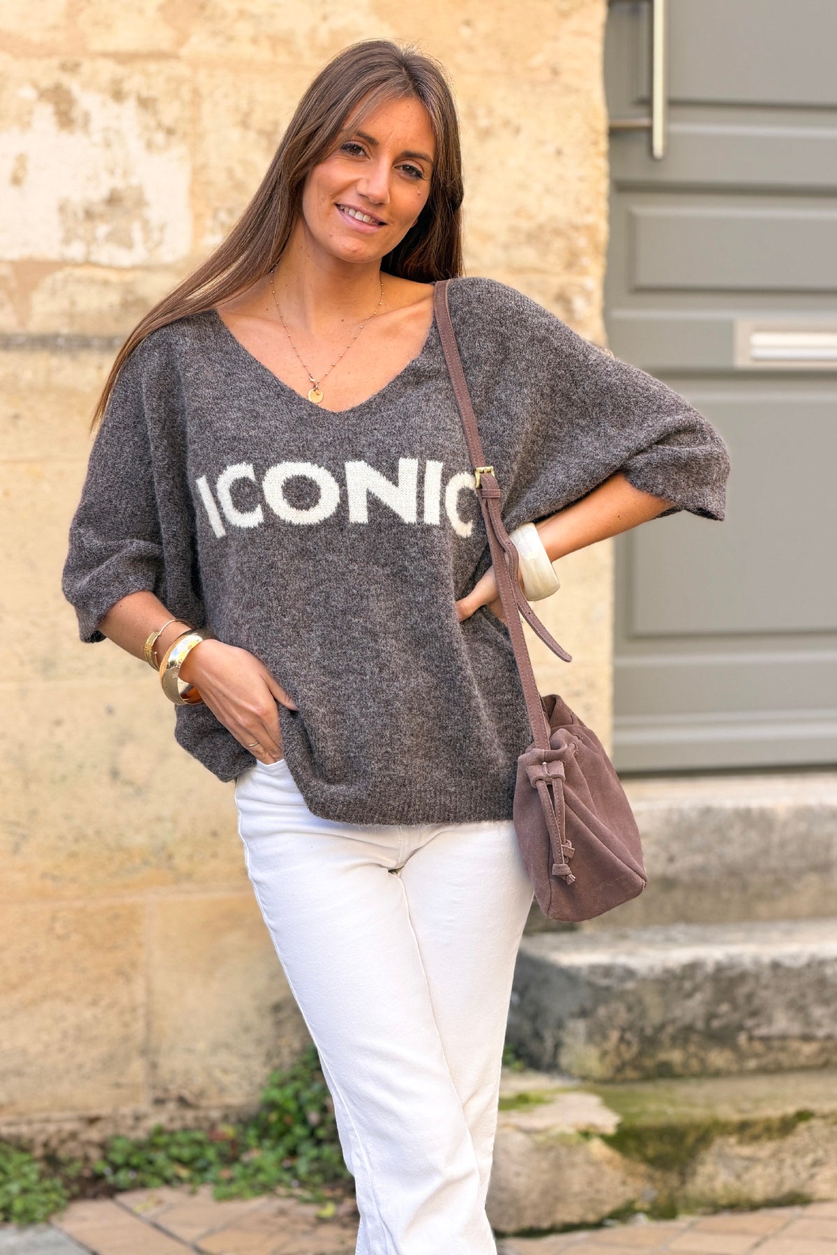Pull en maille marron clair chiné Iconic manches 3/4 col v