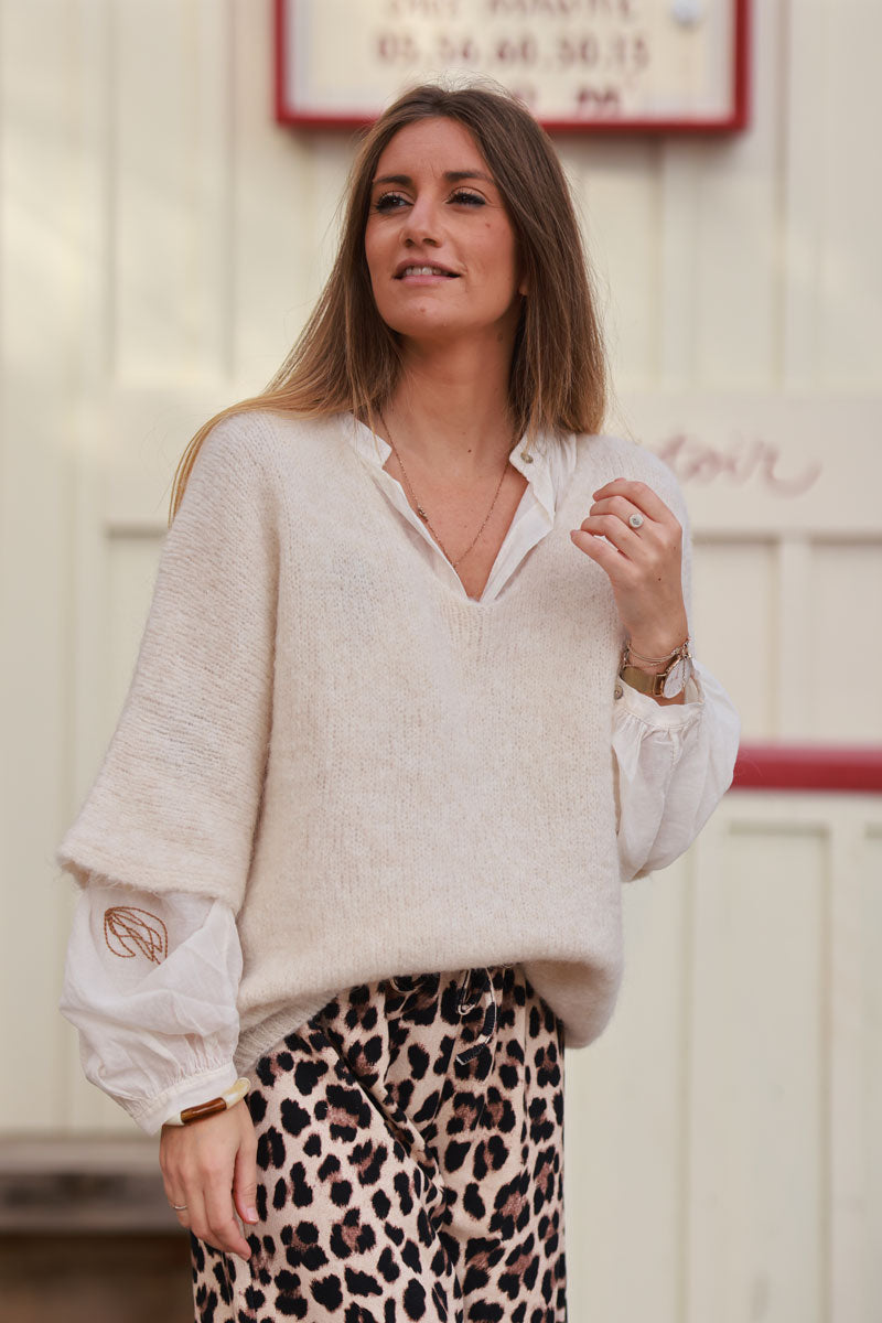 Cream Mohair Half Sleeve Sweater