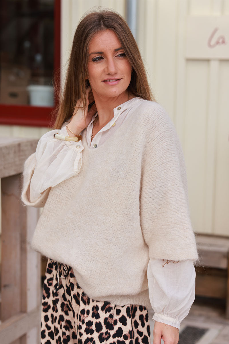 Cream Mohair Half Sleeve Sweater