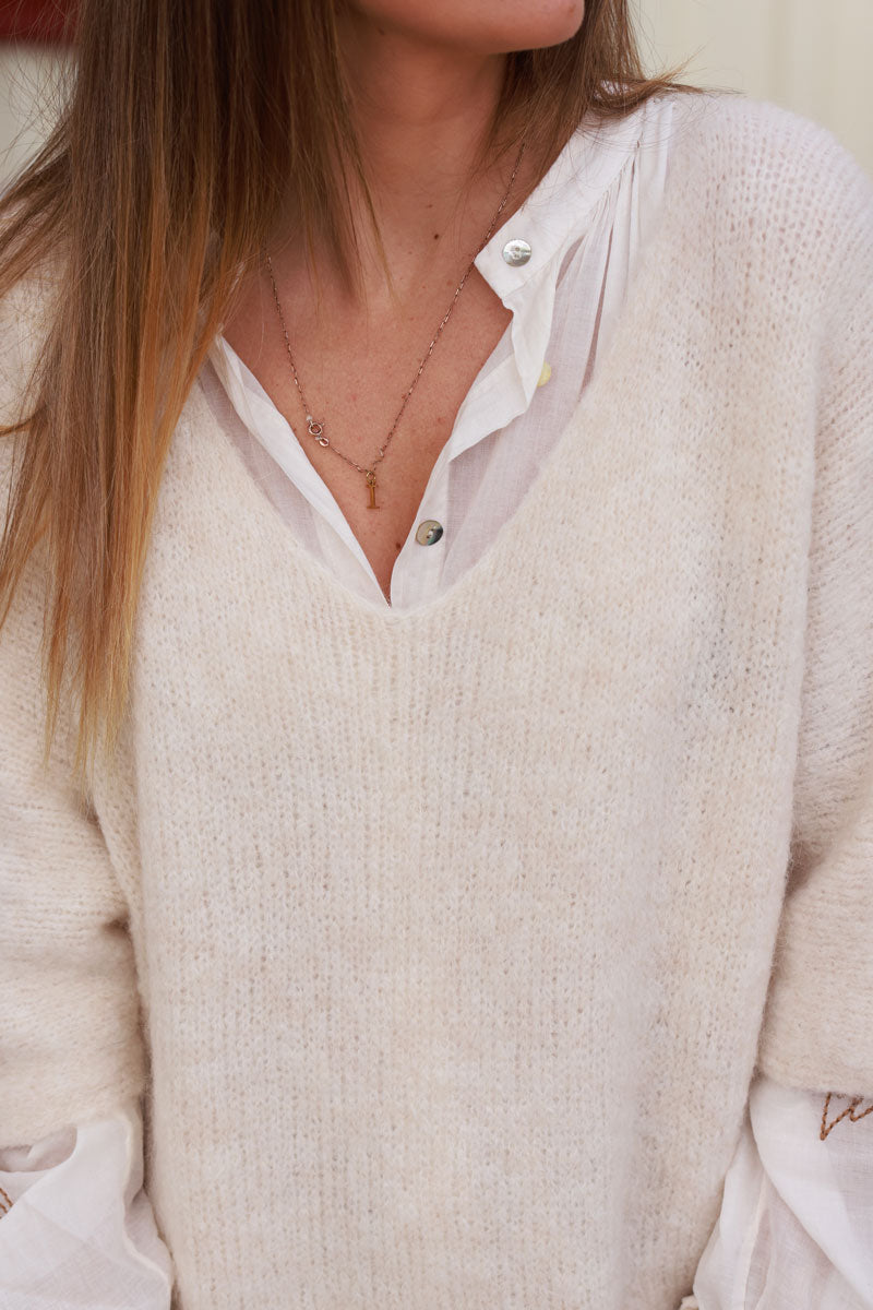 Cream Mohair Half Sleeve Sweater