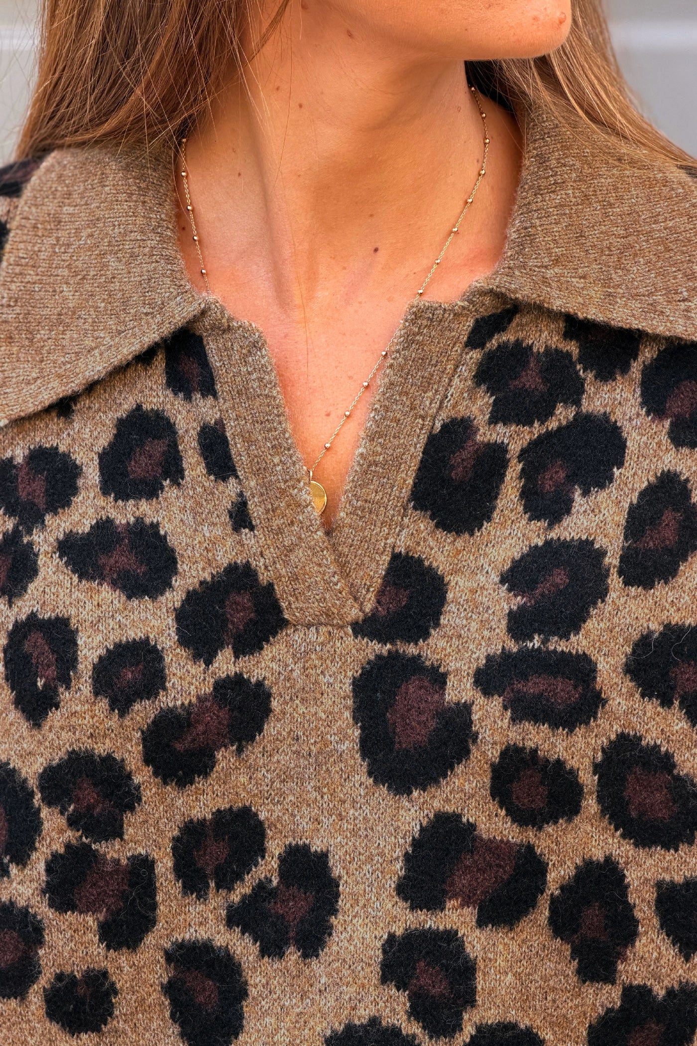 Leopard Print Collard Fuzzy Knit Sweater