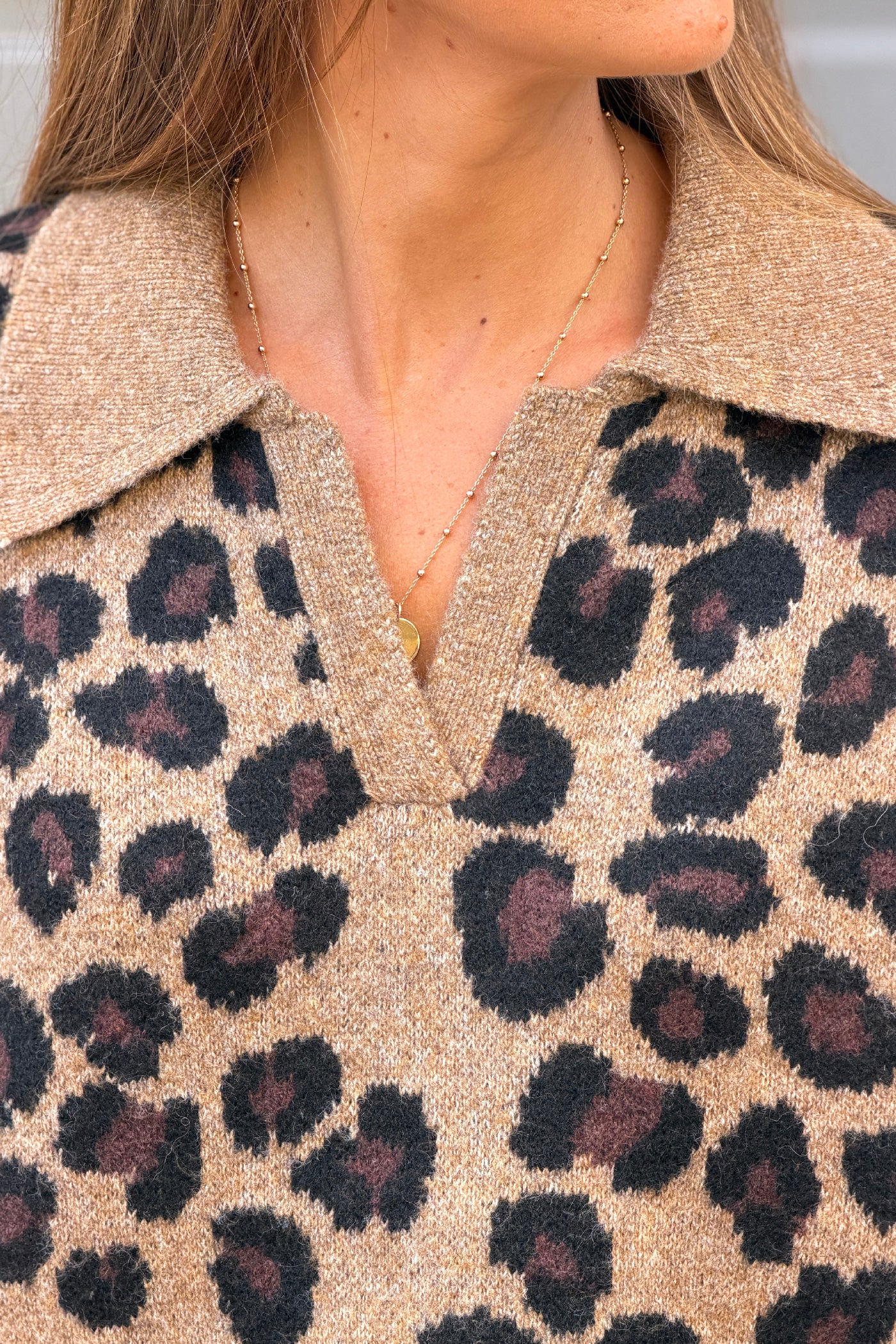 Pull en maille moelleux et doux motif léopard camel col polo