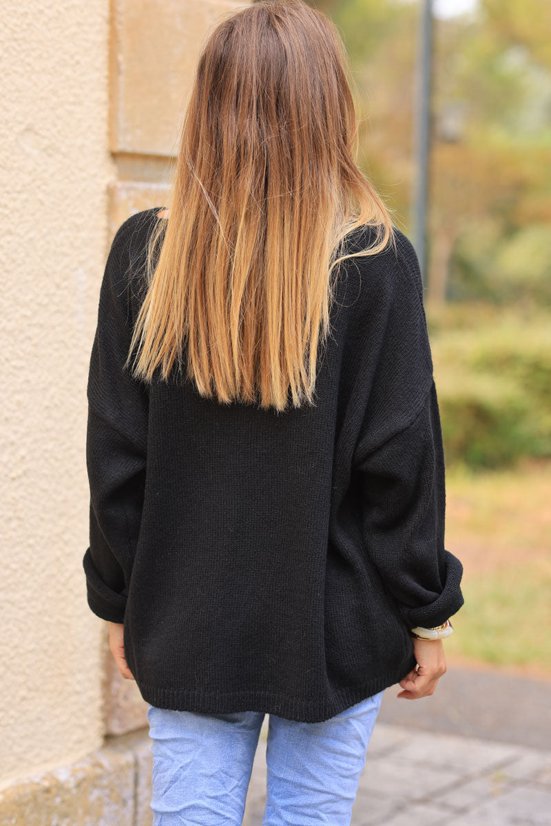 Black relaxed fit knit sweater with cherry embroidery