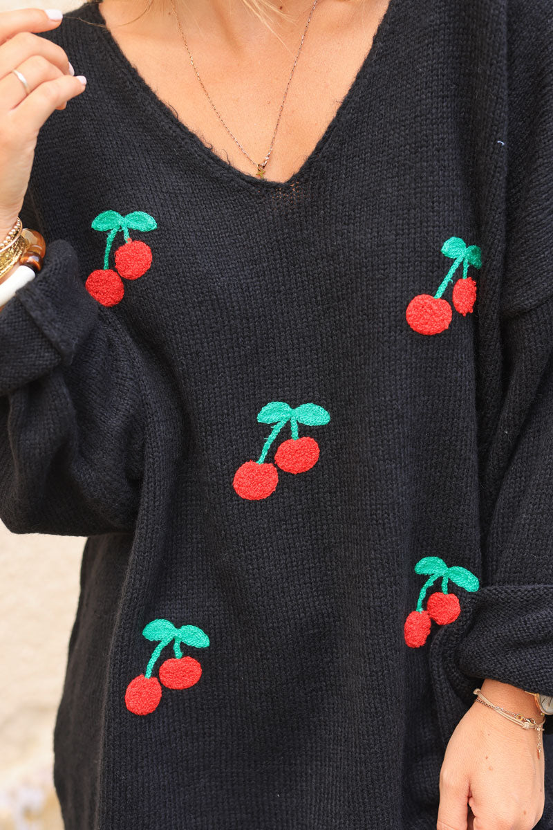 Black relaxed fit knit sweater with cherry embroidery