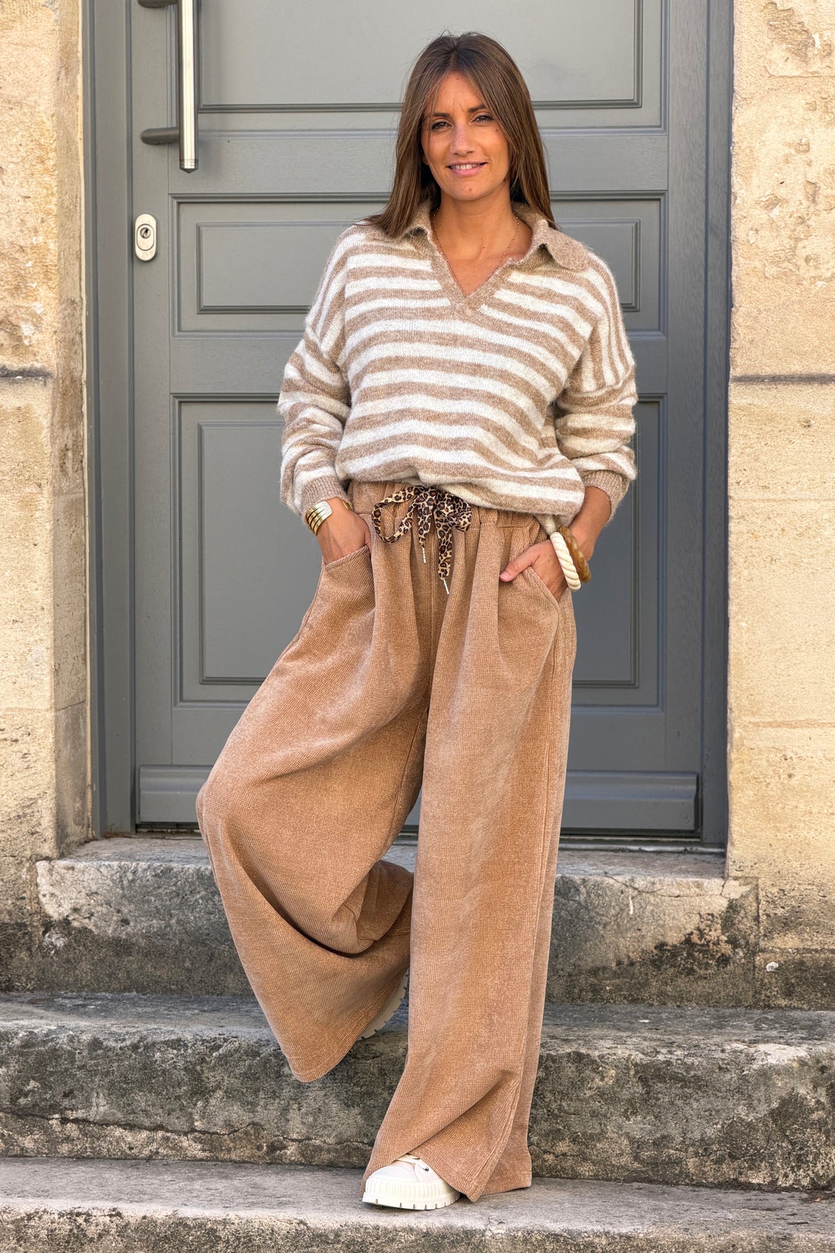 Pull en maille rayures camel clair col polo