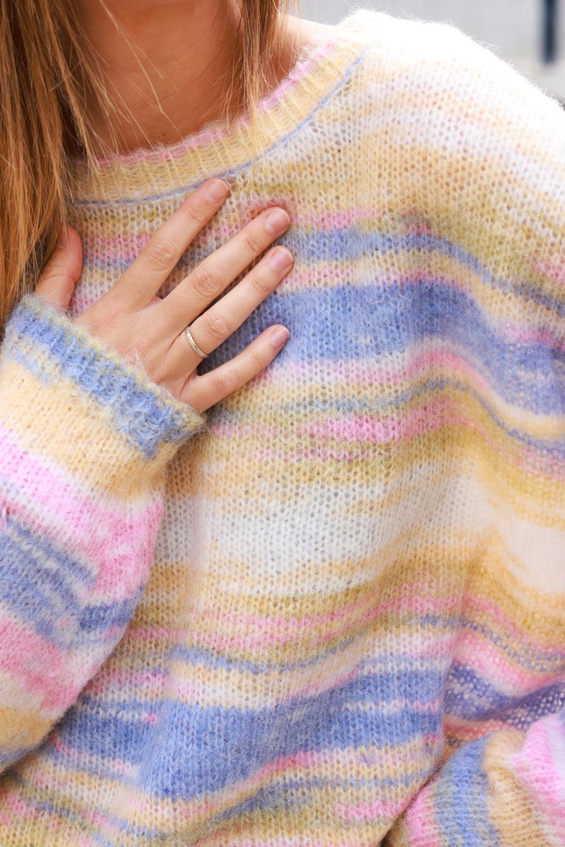 Multi-Stripe Knit Wool Blend Batwing Sweater