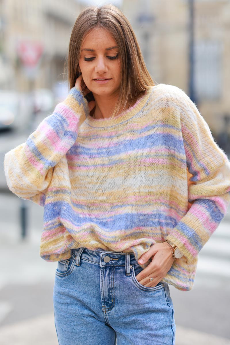 Multi-Stripe Knit Wool Blend Batwing Sweater