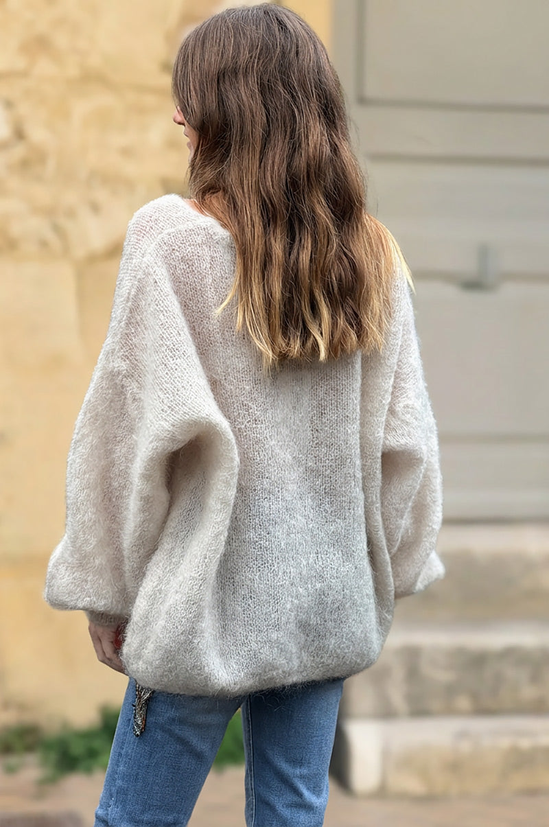 Cream Mohair Knit V-Neck Sweater