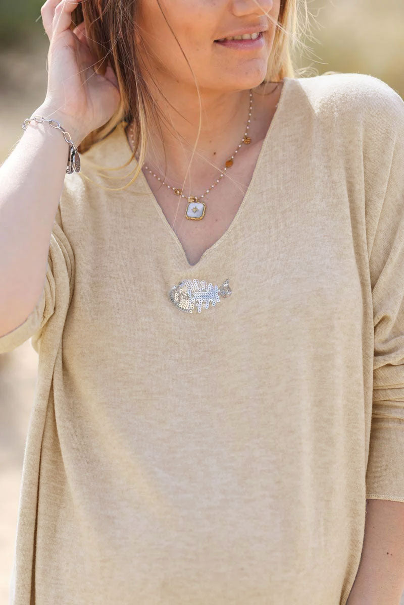 Beige v-neck jumper sequin fish detail