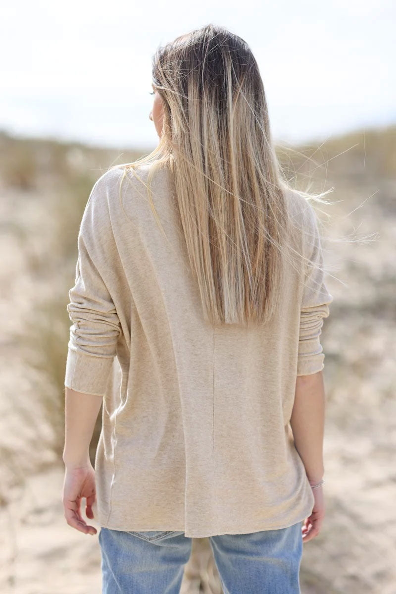 Beige v-neck jumper sequin fish detail