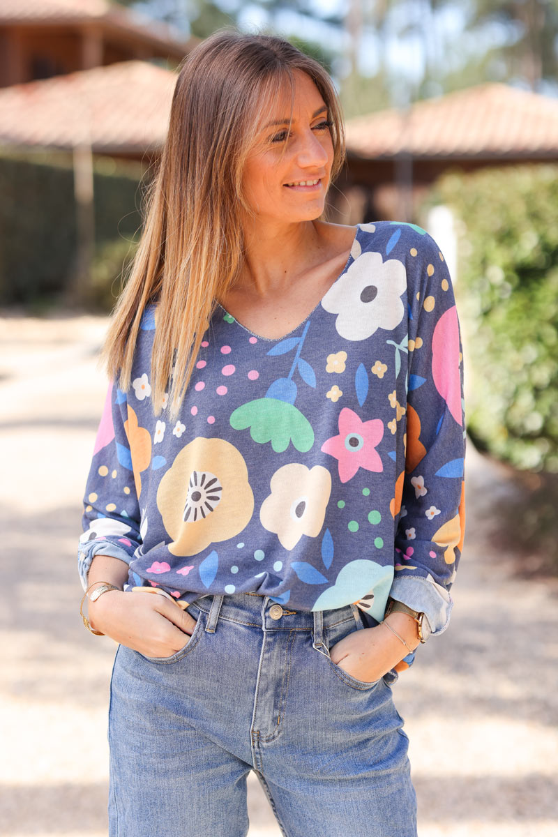 Navy blue lightweight sweater with floral spring time design