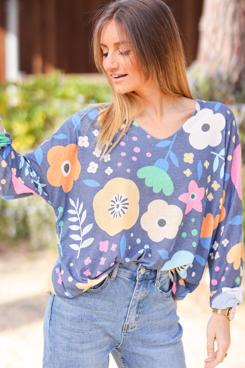 Navy blue lightweight sweater with floral spring time design