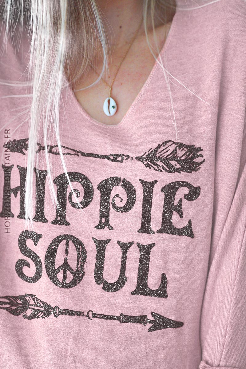 Top jersey rose poudré col V Hippie soul