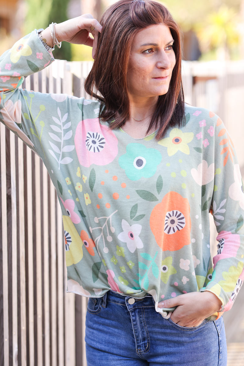 Khaki lightweight sweater with floral spring time design